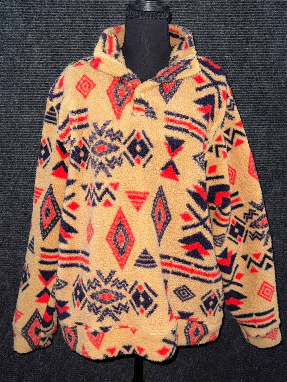 Men's Sherpa Fleece Pullover Aztec Geometric Print Button Neck Jacket Sz Medium